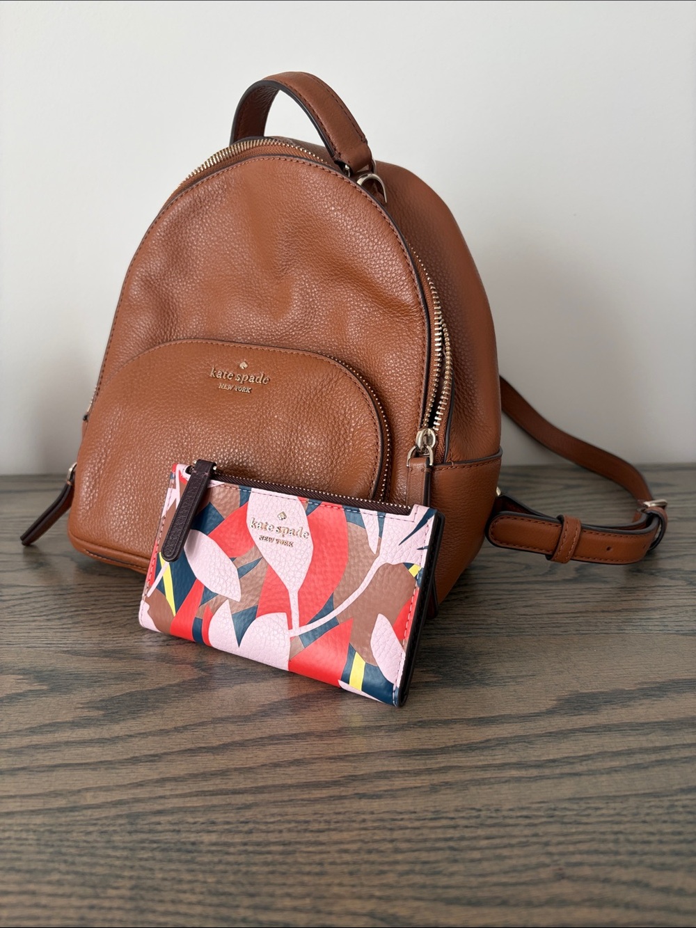 kate spade Brown Pebbled Leather Backpack with Multicolor Floral Card Case